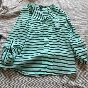 Navy and sea foam green striped blouse
